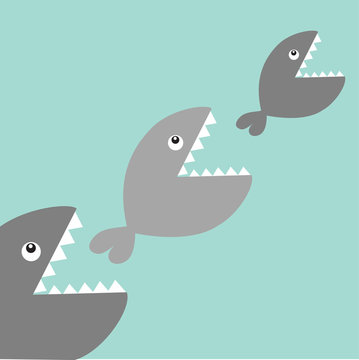 Fishes eating each other. Food chain. Cute cartoon gray fish character set. Baby kids collection. Blue water background. Isolated. Flat design