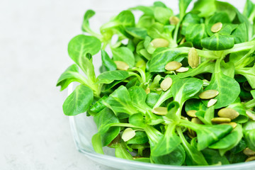 Fresh green baby spinach leaves in a bowl on a  table close up