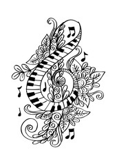 Vector Floral Decorative Treble Clef. Hand drawing illustration.