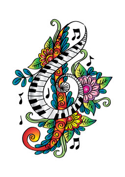 Vector Floral Decorative Treble Clef. Hand drawing illustration.