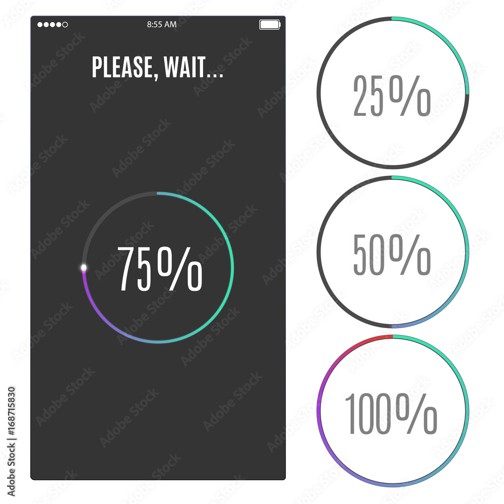 Poster phone screen with loading percentage marks. icons progress bar.
