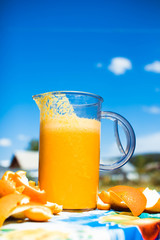 Squeezed orange juice and fresh oranges fruits