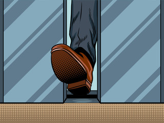 Foot holds closing elevator door pop art vector © Oleksandr Pokusai