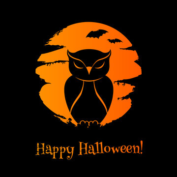 Halloween background with owl, moon and bats.