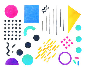 Memphis Italy design elements, watercolor geometric shapes 80's-90's styles on white background