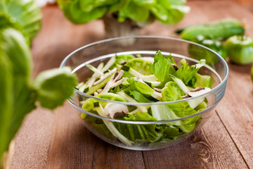 vegetable green salad bowl on kitchen table, balanced diet