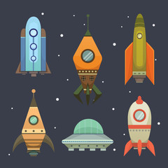 Rocket ship in cartoon style. New Businesses Innovation Development Flat Design Icons Template. Space ships illustrations set.