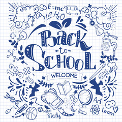 Hand-Drawn Back to School Sketchy Notebook Doodles with Lettering, Book, Heart. Vector Illustration Design Elements on Lined Sketchbook Paper Background