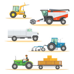 Set farm machinery. agricultural industrial equipment vehicles and farm machines. Tractors, harvesters, combines.