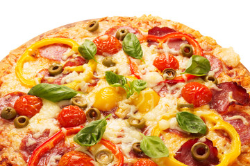 Delicious pizza served on wooden plate isolated on white