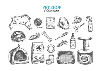 Pet shop. Vector hand drawn collection. Isolated objects on white. Sketch style