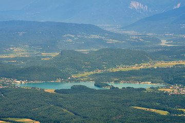 Overlooking Lake Faaker in Austria, from the mountains in Dobratsch Nature park in region Kaernten