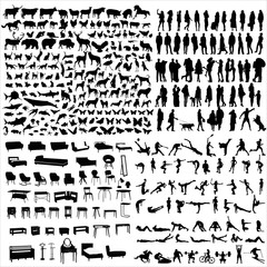 A set of silhouettes of people, sports, animals and athletes.