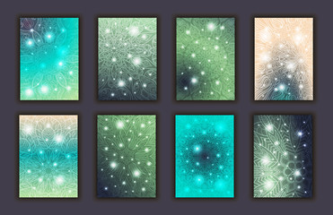 Card set with floral glowing decorative mandala elements background. Asian Indian oriental ornate banners