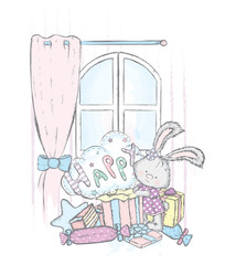 A nice bunny in the dress opens a box with a gift. Vector illustration for a postcard or a poster, print for clothes. A beautiful hare. Birthday, holiday and surprise.