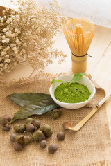 Set of matcha powder bowl, wooden spoon and whisk, green tea leaf, Organic Green Matcha Tea ceremony