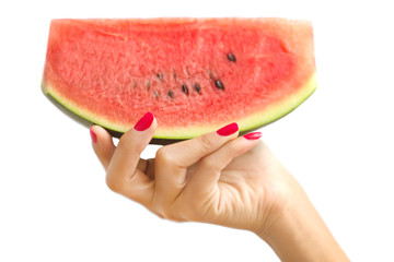 Hand holding slice of watermelon, Slice of piece watermelon on white background. Ripe striped watermelon isolated on white background.