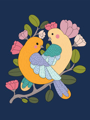 Two cute bird couple on a branch with flowers isolated