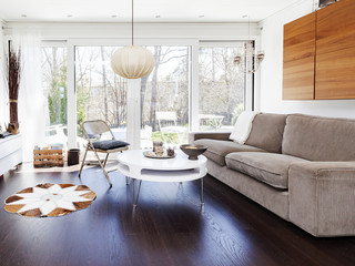 beautiful livingroom with dark wooden floor 