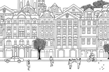 People walking through Prague- Hand drawn urban black and white scene