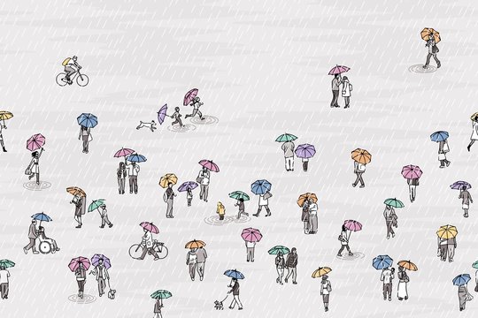 Banner with tiny grey people with colorful umbrellas, can be tiled horizontally: pedestrians in the street, a diverse collection of small hand drawn men, women and kids walking through the rain