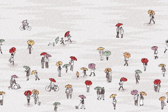 Banner with tiny grey people with colorful umbrellas, can be tiled horizontally: pedestrians in the street, a diverse collection of small hand drawn men, women and kids walking through the rain