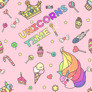 vector seamless pattern. Unicorns time concept. 040
