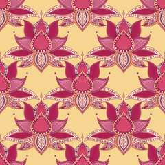 Vintage graphic vector Indian lotus mandala ethnic seamless pattern. Abstract background with flowers
