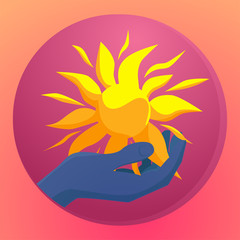 Hand holding sun icon. Save energy concept