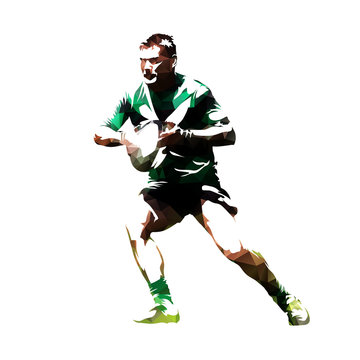 Rugby player with ball, abstract polygonal vector silhouette, front view