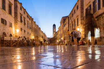 Dubrovnik Croatia City Center During Sunset Twilight Blue Hour Beautiful Cityscape Stradun Street