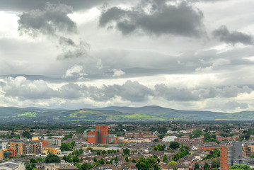 Aerial view of the city of Dublin, Wicklow mountains in the background, Ireland