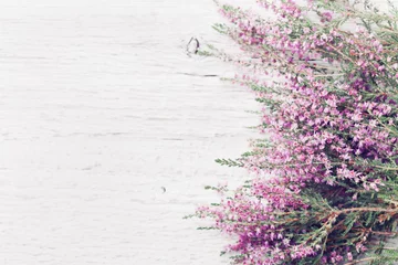 Crédence de cuisine en verre imprimé Fleurs Pink heather flower border (calluna vulgaris, erica, ling) on white rustic table overhead view. Greeting card in vintage style.