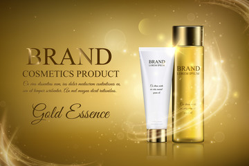 Golden cosmetic ads template, a glass translucent bottle hair oil and white tube mock up on a gold background with flare effect. Moisturizing skincare premium product. Vector illustration, eps10