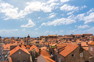 Fototapeta premium Famous Orange Rooftops of Dubrovnik Croatia Cityscape Aerial View Walking Along Fortress Walls