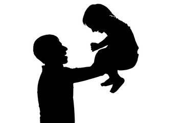 Silhouette of boy in father's hands on white isolated background