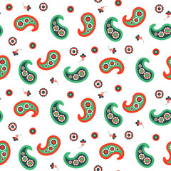 Fototapeta premium Paisley pattern seamless vector. Green and red indian folk floral texture for textile, fabric print and clothes.
