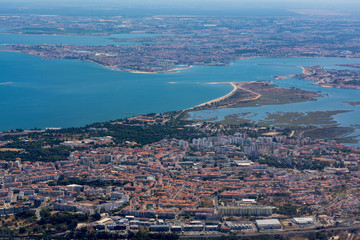 Lisbon Portugal Aerial View Arrival Airplane High Altitude Perpsective Landscape