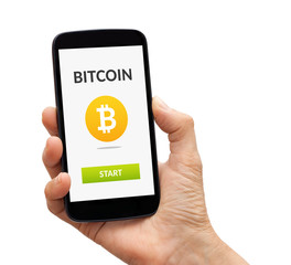 Hand holding a black smart phone with bitcoin concept on screen. Isolated on white background. All screen content is designed by me.