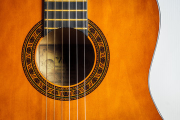 Partial view of an acoustic guitar