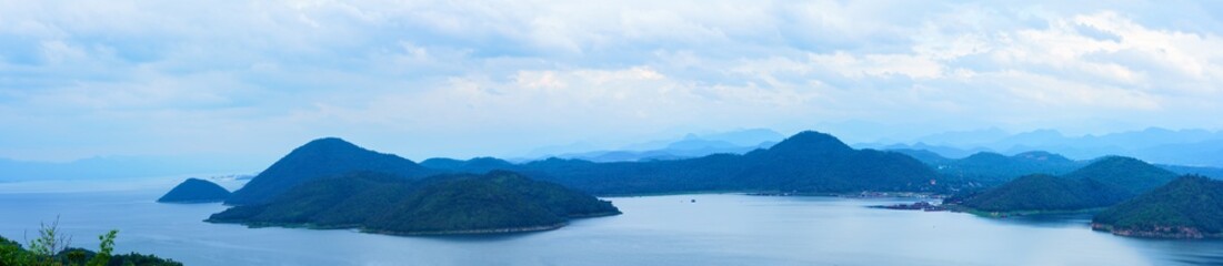 Panoramic scenery of Srinagarind Reservoir or Srinakharin dam , Kanchanaburi Province , Thailand