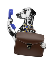 office worker businessman dalmatian dog with suitcase or bag isolated on white - obrazy, fototapety, plakaty
