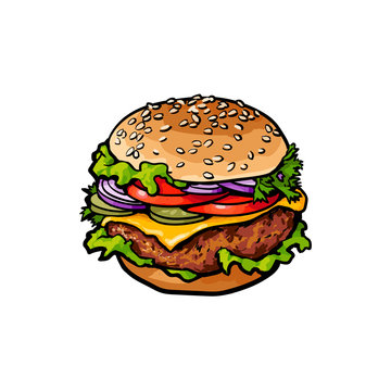 Vector burger sketch hand drawn isolated illustration on a white background. Tasty fresh fastfood chickenburger, cheesburger with vegetables. Sandwich burger with onion lettuce tomato cheese and sauce