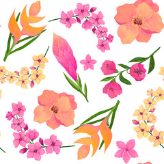 Seamless Pattern of Pink and Yellow Flowers on White Background