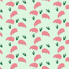 Cute pink hippo with cactus seamless pattern
