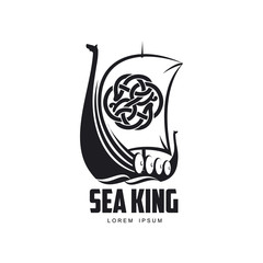 vector vikings sea king icon logo template design simple flat isolated illustration on a white background. Wooden ship with patterned sail image