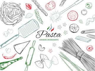 Cooking Italian Pasta template. Different types of pasta. Vector hand drawn illustration. Isolated objects on white. Sketch style