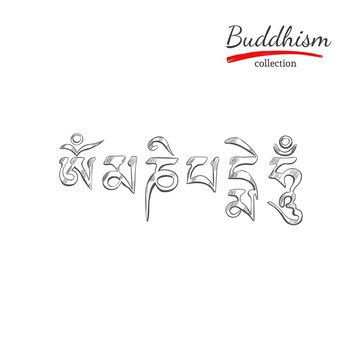 Buddhism collection. Spirituality,Yoga print. Hand drawn illustration. Sketch style. Ritual objects with Buddha head