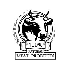 Logo 100% natural meat. Trademark with a cow head. Black silhouette of a bull. Professional label