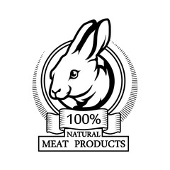 Logo 100% natural meat. Trademark with a rabbit head. Black silhouette of a bunny. Professional label
